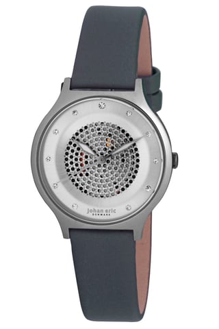 Johan eric: orstead, mujer, reloj plateado con esfera de rayos de sol, puntos e índices de swarovski, banda de satén gris.