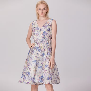 Flower Print Sleeveless Tea Organza Dress