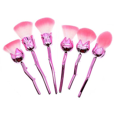 Aquarius 6pc Beauty and the Beast-Inspired Rose Makeup Brushes with Glossy Handles Pink