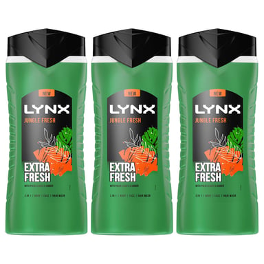 Lynx 3in1 Body, Face & Hair Wash Shower Gel Extra Fresh Jungle Fresh 500ml, 3pk