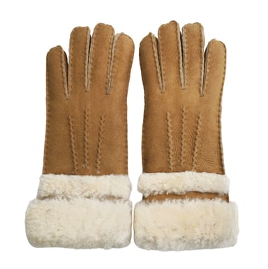 Guantes de gamuza de piel de oveja auténtica color canela para mujer con puños enrollables hacia arriba y hacia abajo
