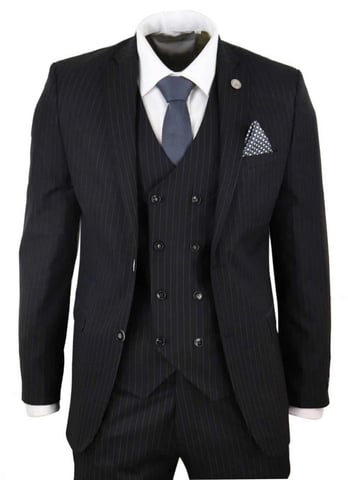 Traje retro de tres piezas de raya diplomática negra para hombre