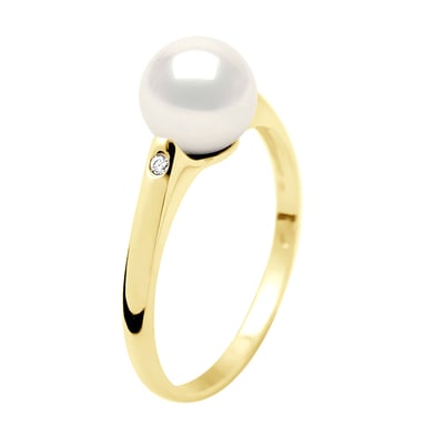 Ring Solitaire Diamonds 0,02 Cts - Real Cultured Freshwater Pearl Round 8-9 mm