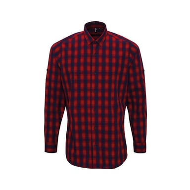 Premier Mens Mulligan Checked Cotton Long-Sleeved Shirt (Red/Navy)