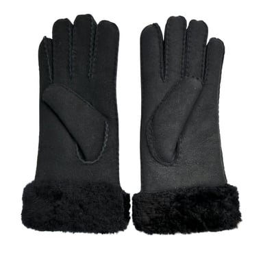 Guantes de piel de oveja auténtica negra para mujer con puños de piel