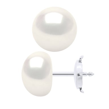 Earrings - White Gold - Real Cultured Freshwater Pearls Button 9-10 mm