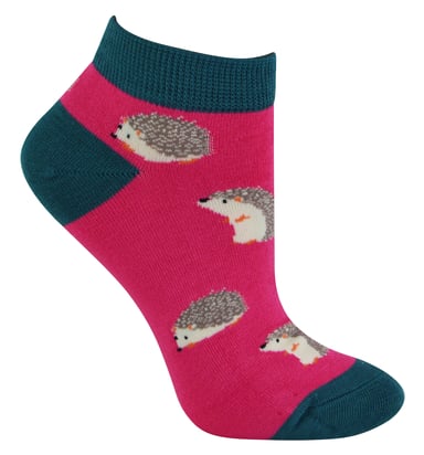 Ladies Bamboo Trainer Socks | Miss Sparrow | Breathable Low Cut Socks for Women - Hedgehogs (Hot Pink)