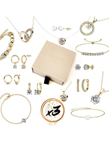 3 joyas sorpresa en una caja de regalo - Oro y Cristal