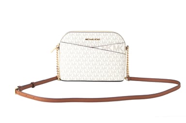 Michael Kors Women's Jet Set Travel Medium Leather X Cross Dome Crossbody Handbag (Vanilla Signature/Gold)