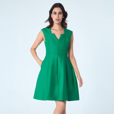 Fit-and-flare satin short dress square V neckline