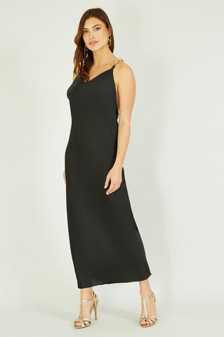 Mela Black Satin Cowl Neck Maxi Dress With Chain Straps