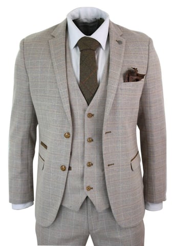 Traje retro vintage de tweed beige a cuadros para hombre de 3 piezas