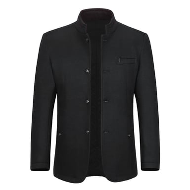Men's Short Slim Fit Coat with Stand-Up Collar Business Casual Wool Overcoat Black