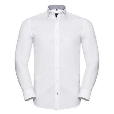 Russell Collection Mens Contrast Herringbone Tailored Long-Sleeved Shirt (White/Silver/Convoy Grey)