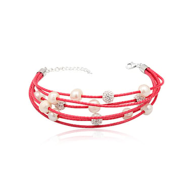 Pink 5 rows leather Bracelet, White Pearls White Crystal and 925 Silver