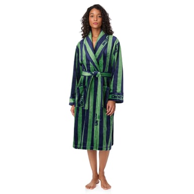 DKNY Bata de forro polar de manga larga y longitud media a rayas verdes