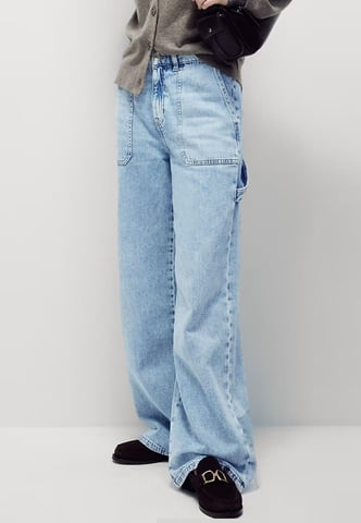M&S Womens Relaxed High Waisted Carpenter Wide Leg Jeans en azul claro