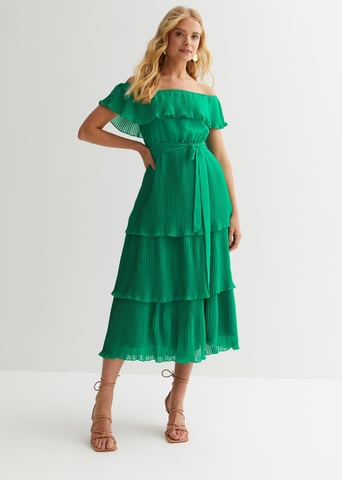 Vestido Midaxi Bardot Plisado con Capas Verde