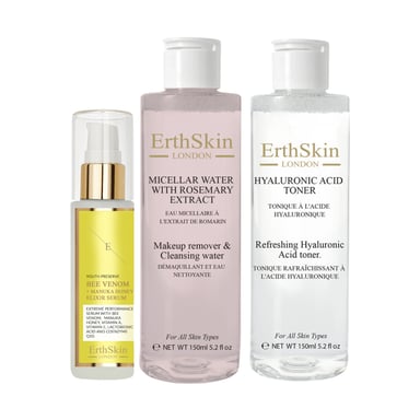 Agua micelar con extracto de romero 150ml+ Tónico refrescante con ácido hialurónico 150ml+ Suero elixir de veneno de abeja y miel de Manuka 60ml