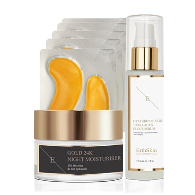 HIDRATANTE DE NOCHE ANTIARRUGAS ORO 24K+COLÁGENO DE ORO BAJO LOS OJOS ORO 24K - 5X2 ALMOHADILLAS + Ácido Hialurónico & Colágeno Serum - 60ml