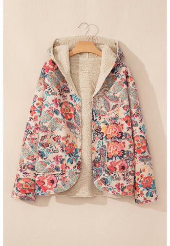 Chaqueta con capucha forrada de sherpa de paisley floral vintage en beige de