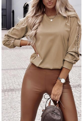 Top de Cuello Redondo de Laza de Encaje Croché con Parche en Beige Francés Claro