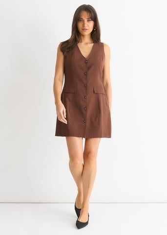 Mini Vestido Camisero de Lino Chocolate con Botones