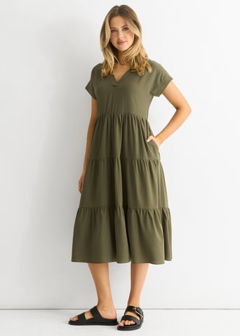 Vestido midi caqui con bolsillo y cuello en V