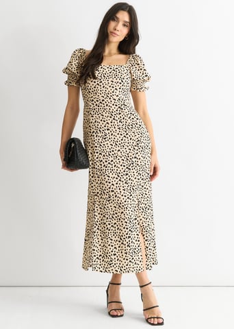Vestido midi de viscosa con estampado animal beige dividido
