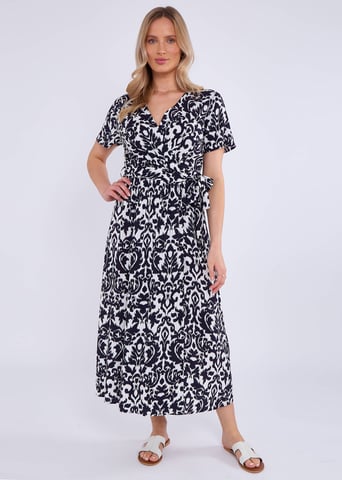 Vestido midi azul marino con mangas cortas de viscosa