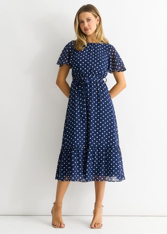 Vestido midi de gasa con mangas de ángel y lunares azul marino