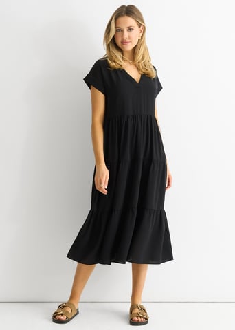 Cuello en V Negro Bolsillo Smock Vestido Midi