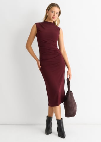 Vestido midi de punto liso fruncido
