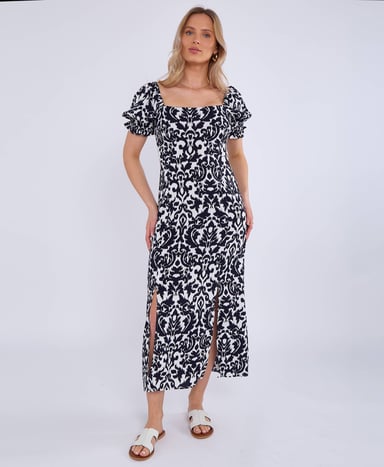 Vestido midi azul marino de viscosa con mangas abullonadas divididas