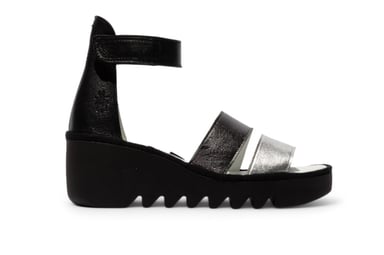 Sandalias de cuña tipo alpargatas Fly London BONO290FLY de piel Idra plateada y negra para mujer