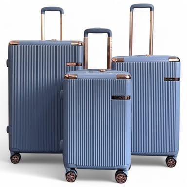 Maleta de cabina de viaje expandible de color azul con carcasa rígida y 8 ruedas