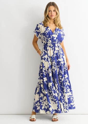 Maxivestido floral azul con cintura elástica