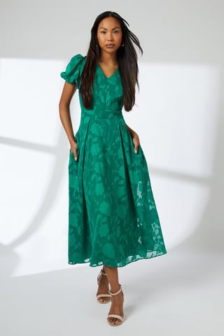 Green Floral Jacquard Puff Sleeve Midi Dress
