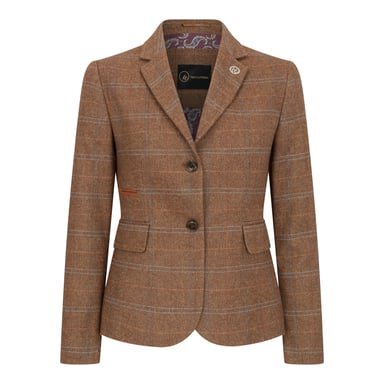 Blazer de tweed entallado en marrón roble para mujer con cuadros de espiga