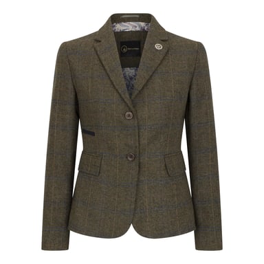 Blazer de tweed entallado en color oliva para mujer con cuadros de espiga
