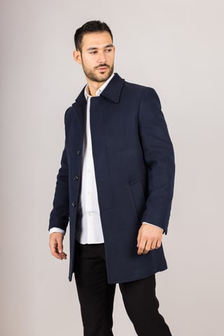 Abrigo azul marino de cuello clásico de mezcla de lana para hombre