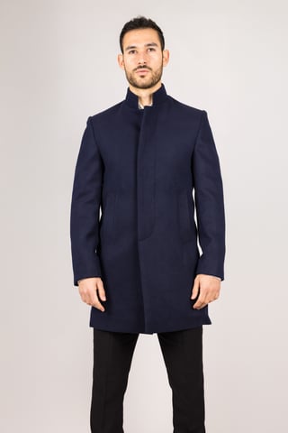 Abrigo de mezcla de lana con cuello alto azul marino para hombre