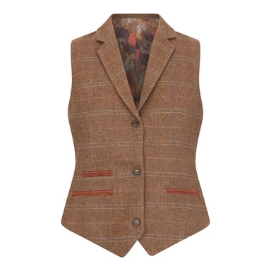 Chaleco de tweed entallado en marrón roble para mujer con cuadros de espiga
