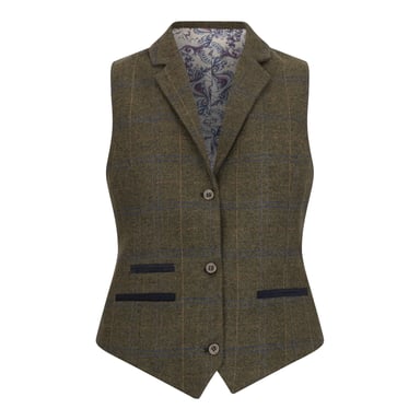 Chaleco de tweed entallado en color oliva para mujer con cuadros de espiga