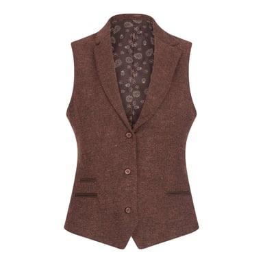 Chaleco de tweed de lana con diseño de espiga en color marrón óxido para mujer