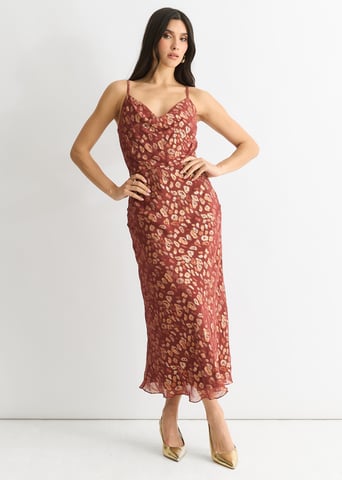 Vestido midi en jacquard animal de viscosa marrón