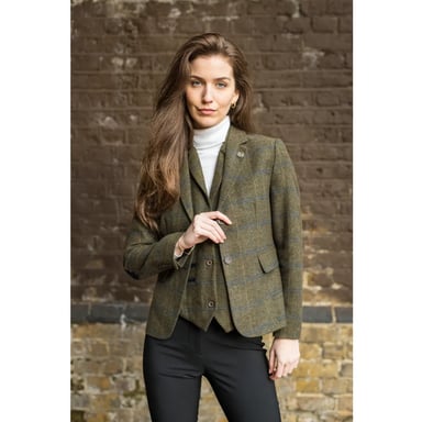 Conjunto de dos piezas para mujer, blazer de tweed y chaleco con cuadros de espiga en color oliva