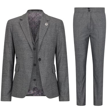 Traje gris de tres piezas a medida para mujer con cuadros Príncipe de Gales