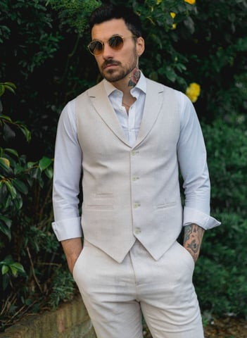 Chaleco y pantalones de lino formales para hombre en color crema y beige - Conjunto de verano de 2 piezas