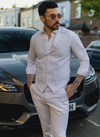 Conjunto de Dos Piezas para Hombre en Lino Gris Formales con Chaleco y Pantalones de Verano